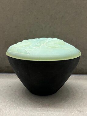 Unique Vintage Black Ceramic Bowl with Harp Icon Inside, Frosted Green Glass Lid